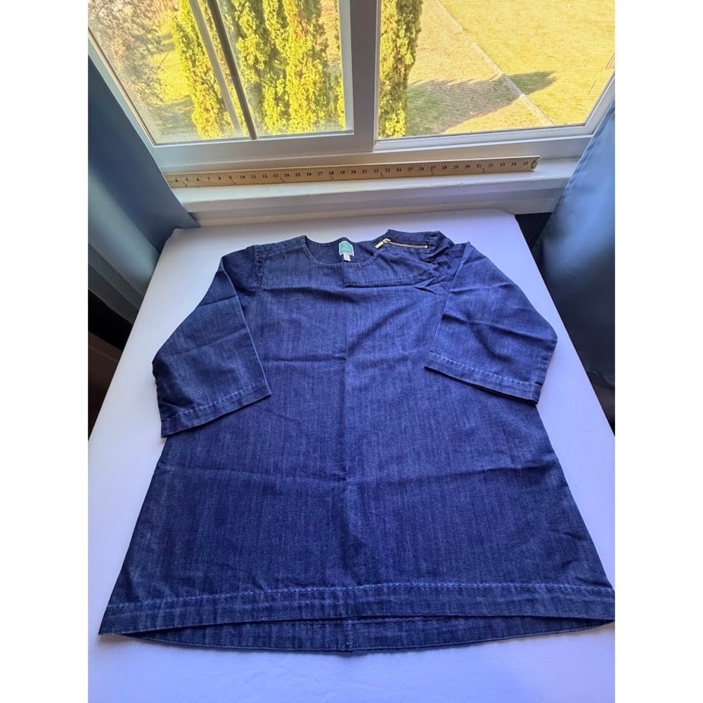 Martha Stewart Everyday Denim Tunic Top Dark Wash Gold Shoulder Zip Women's - L